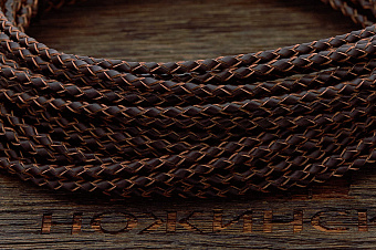 Кожаный плетенный шнурок 3,0мм (коричневый, торец бежевый), кратно 1м
